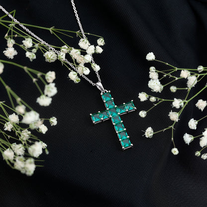 Princess Cut Lab Created Emerald Cross Pendant Necklace