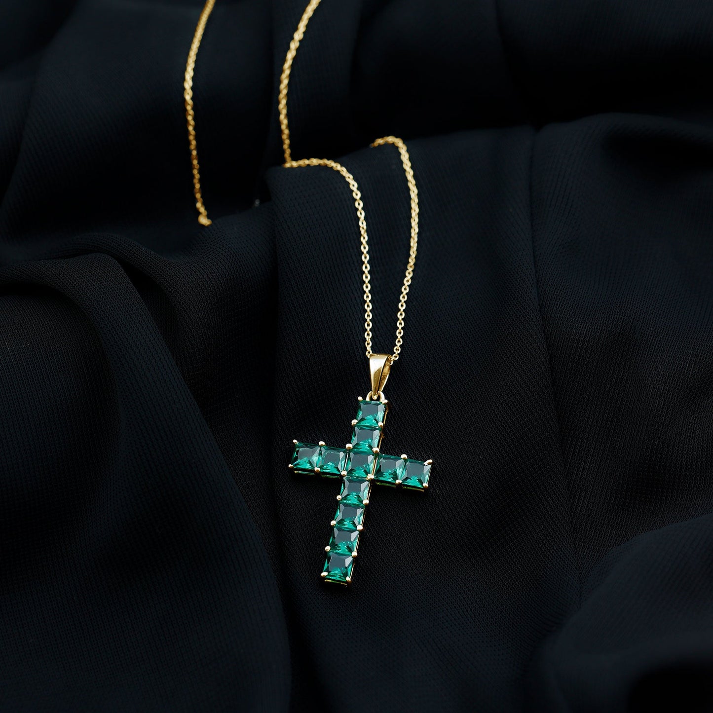 Princess Cut Lab Created Emerald Cross Pendant Necklace