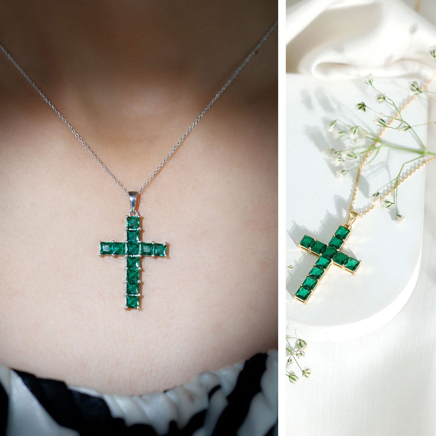 Princess Cut Lab Created Emerald Cross Pendant Necklace