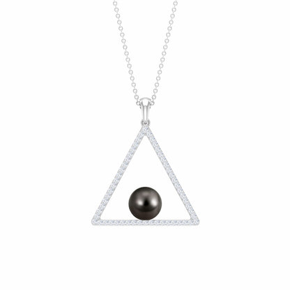 Diamond Open Triangle Pendant Necklace with Black Tahitian Pearl