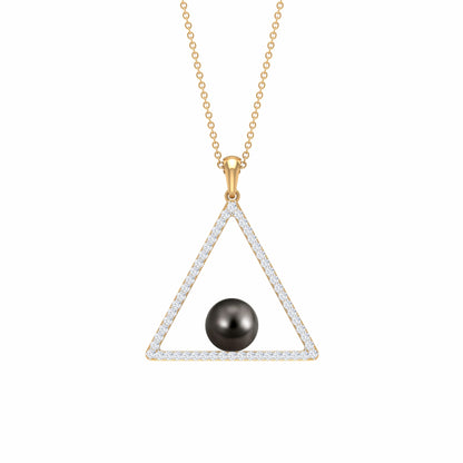 Diamond Open Triangle Pendant Necklace with Black Tahitian Pearl