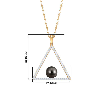 Diamond Open Triangle Pendant Necklace with Black Tahitian Pearl