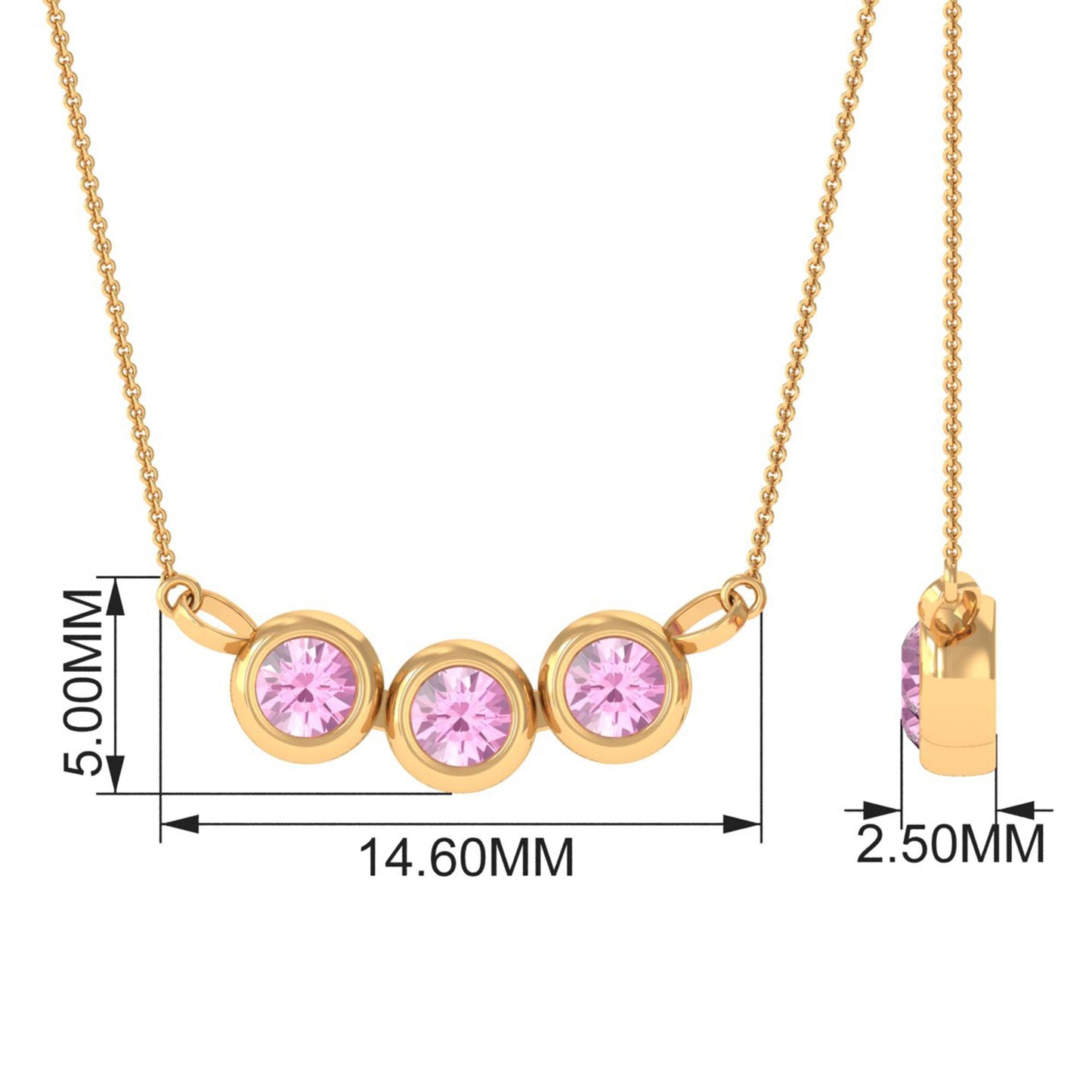 Bezel Set Pink Tourmaline Three Stone Promise Necklace