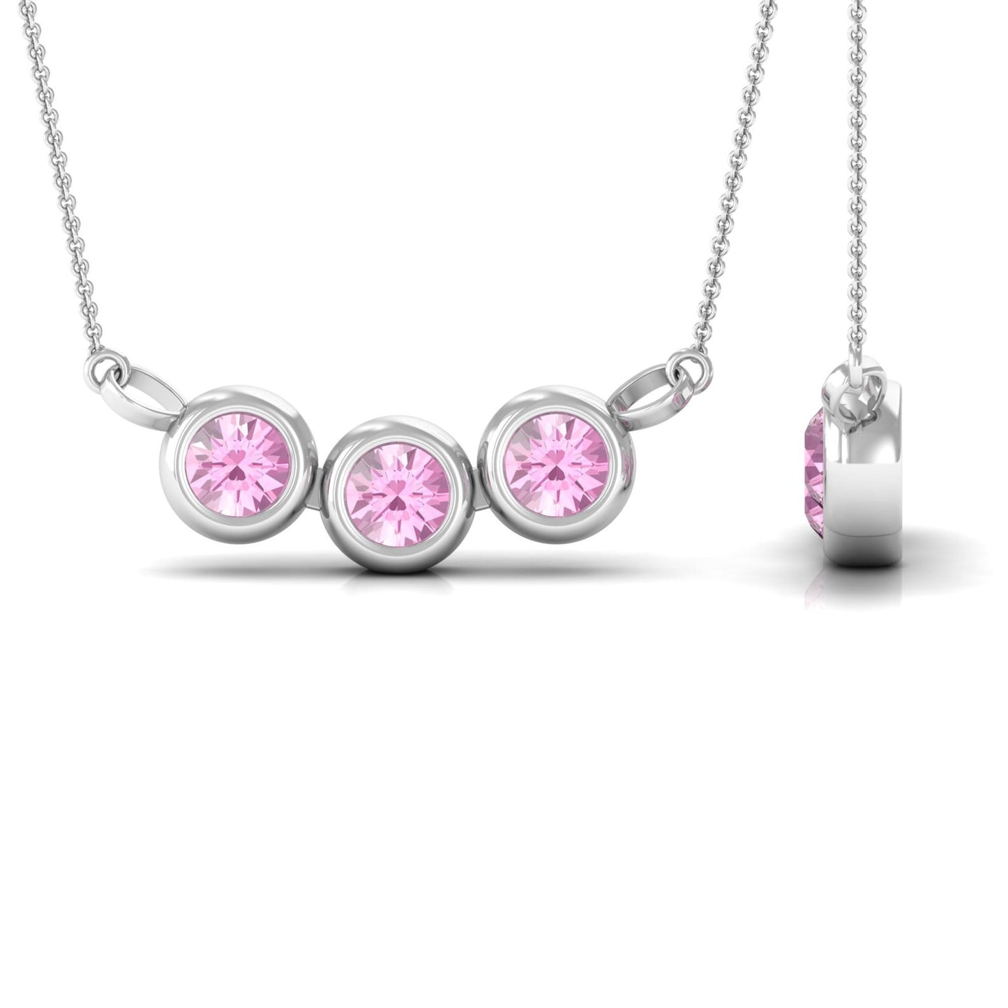 Bezel Set Pink Tourmaline Three Stone Promise Necklace