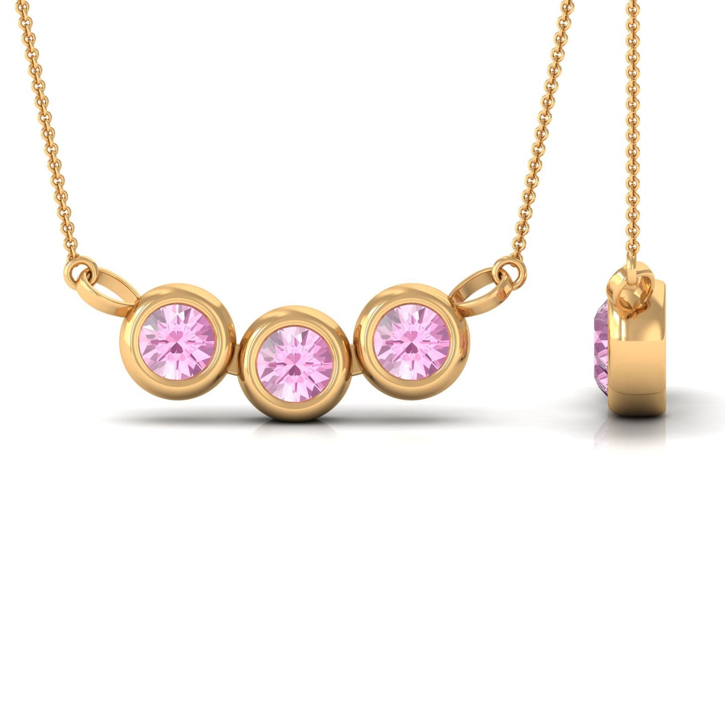 Bezel Set Pink Tourmaline Three Stone Promise Necklace