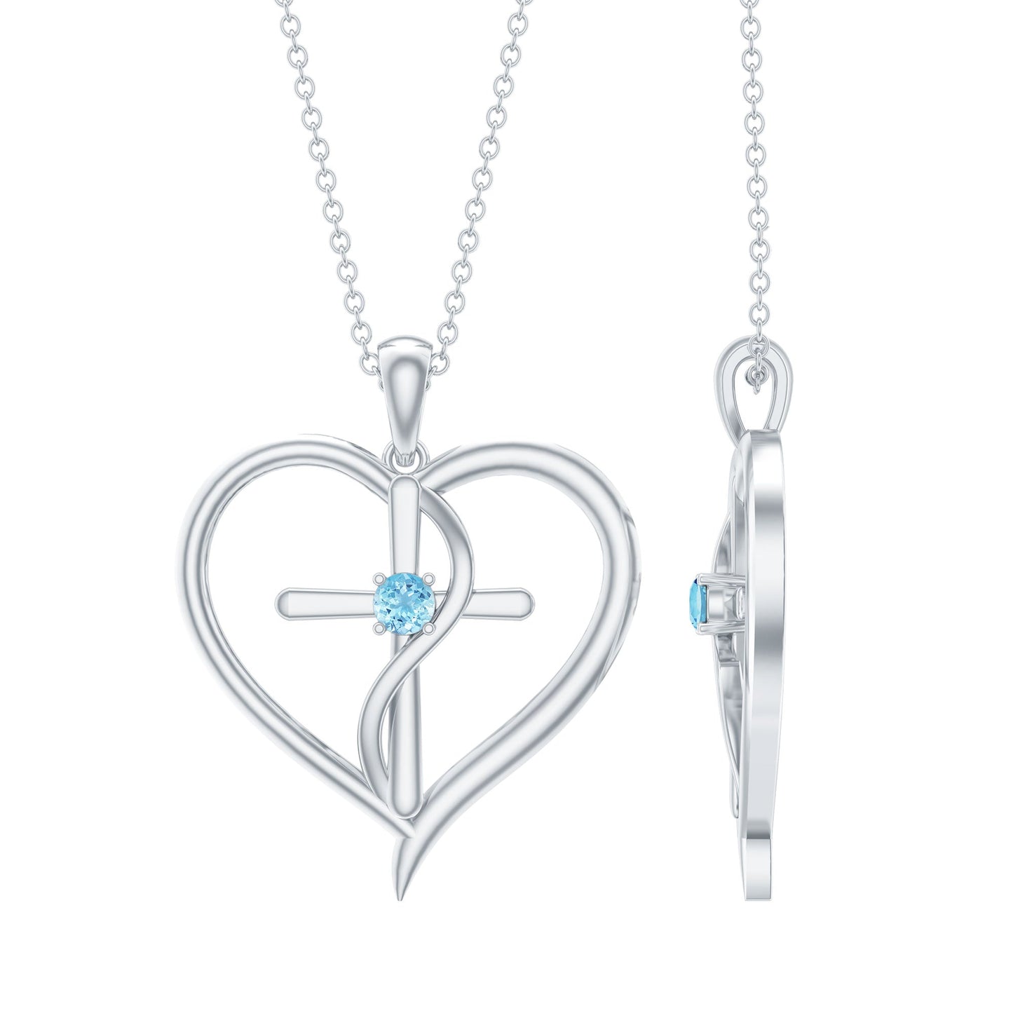 Natural Aquamarine Heart Cross Pendant Necklace