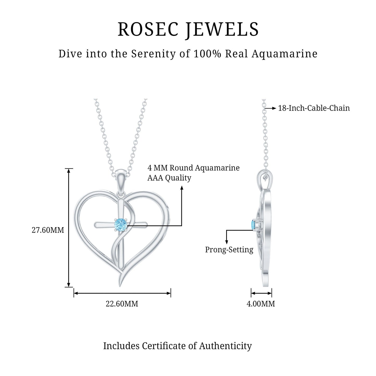 Natural Aquamarine Heart Cross Pendant Necklace