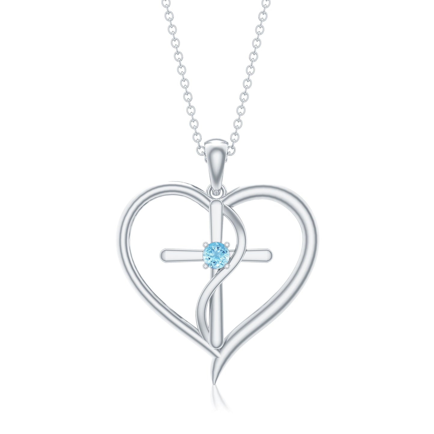 Natural Aquamarine Heart Cross Pendant Necklace