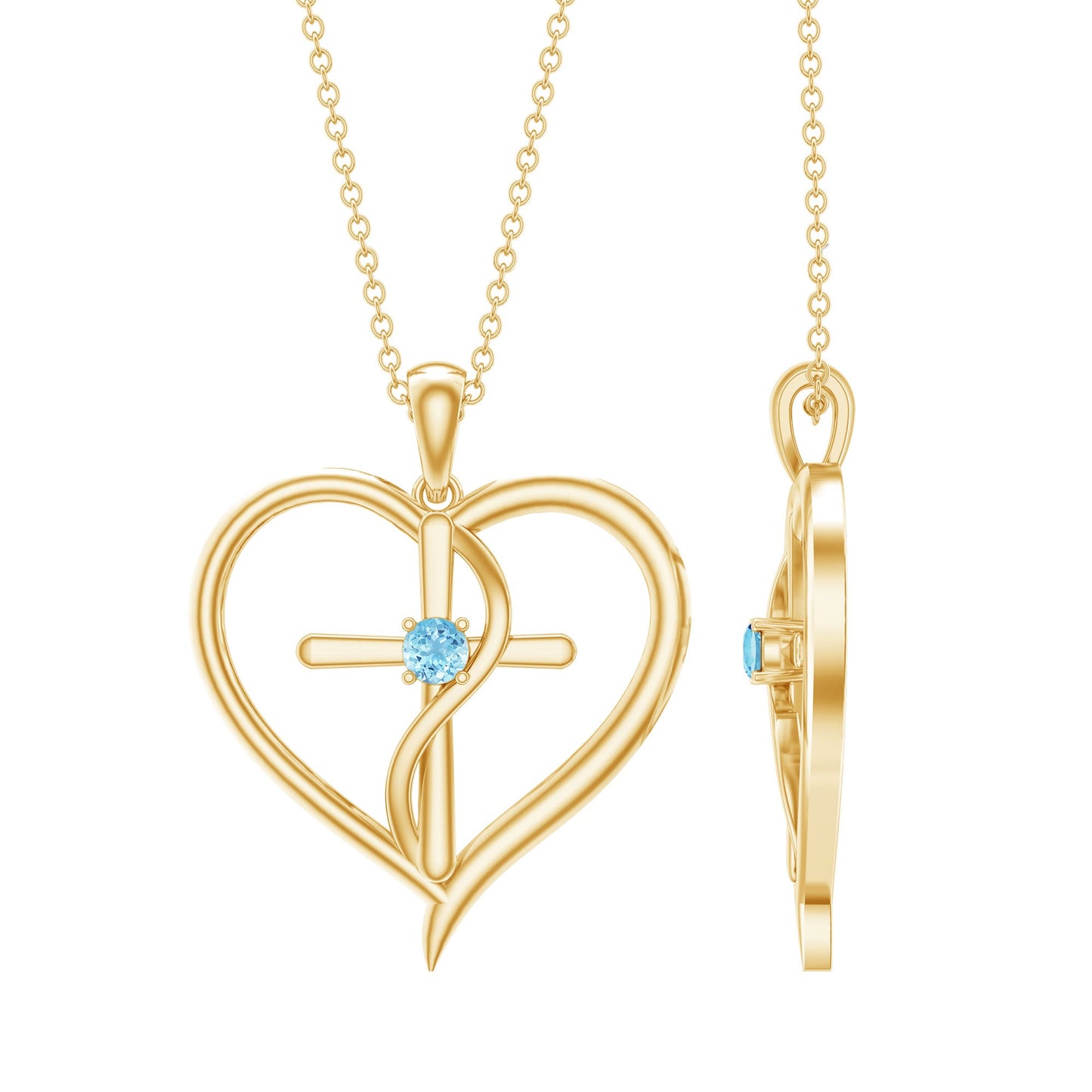 Natural Aquamarine Heart Cross Pendant Necklace