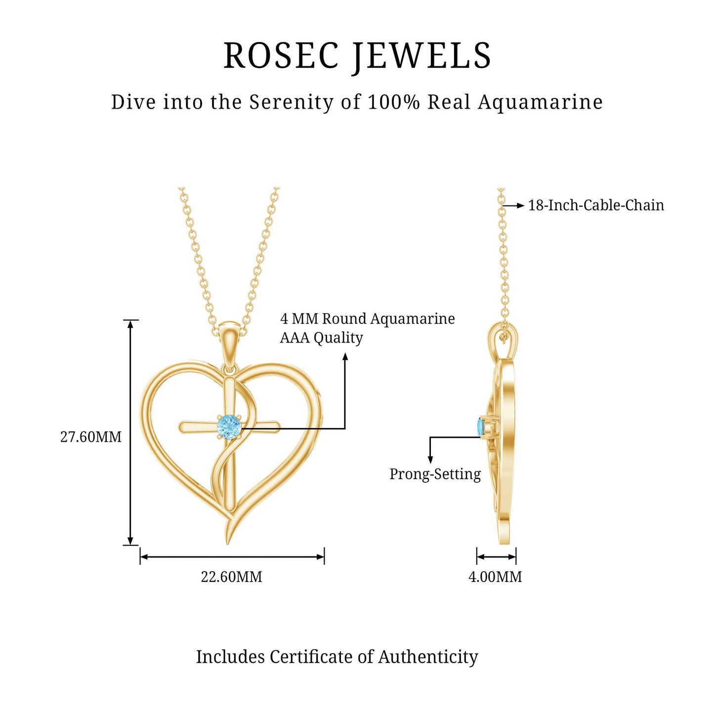 Natural Aquamarine Heart Cross Pendant Necklace