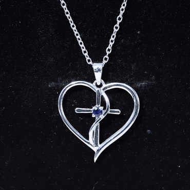 Natural Blue Sapphire Cross Heart Necklace for Women