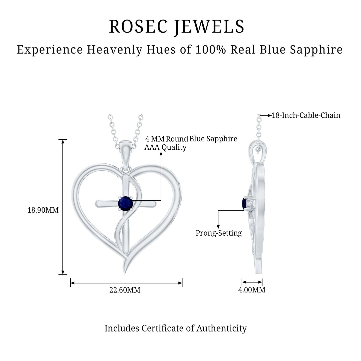 Natural Blue Sapphire Cross Heart Necklace for Women