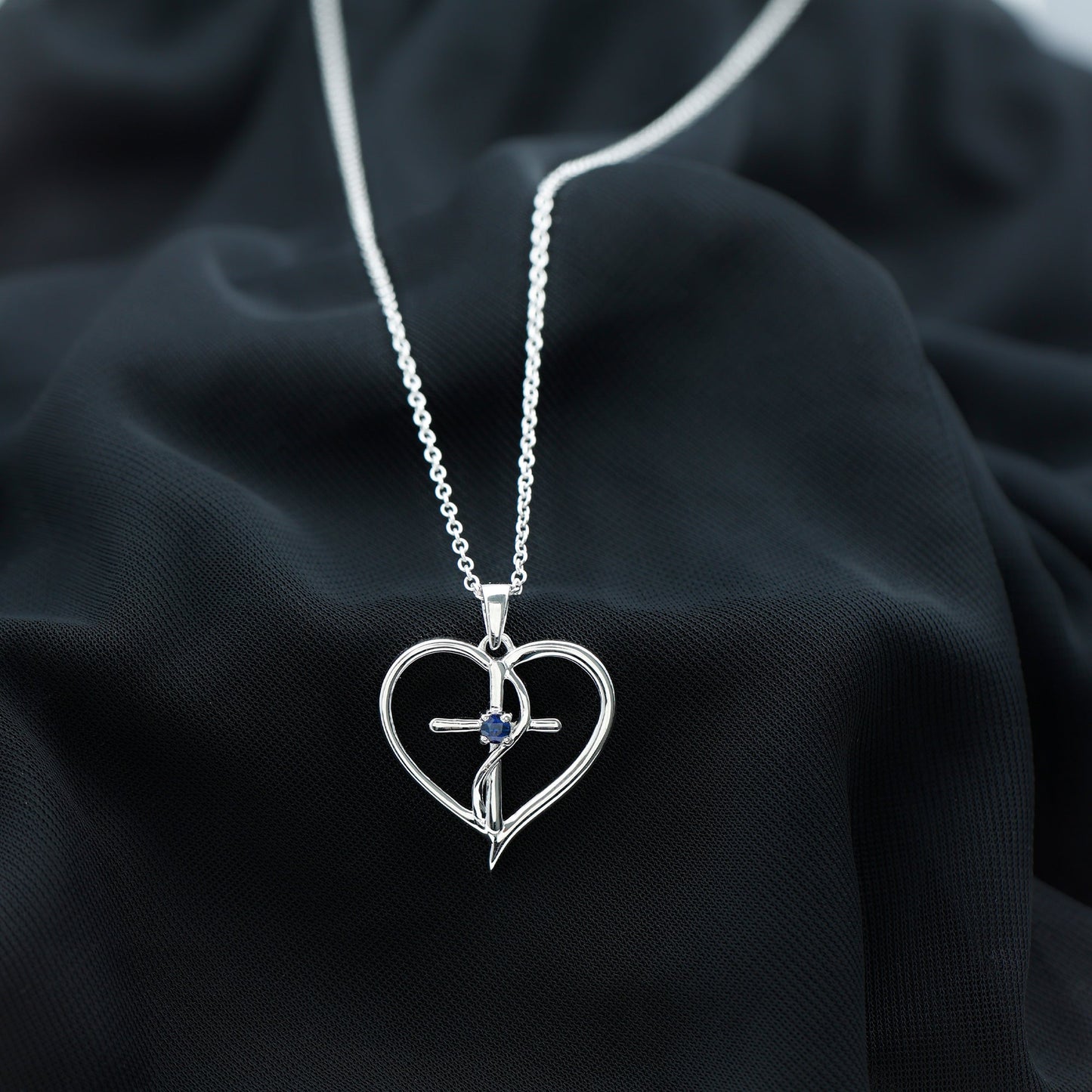 Natural Blue Sapphire Cross Heart Necklace for Women