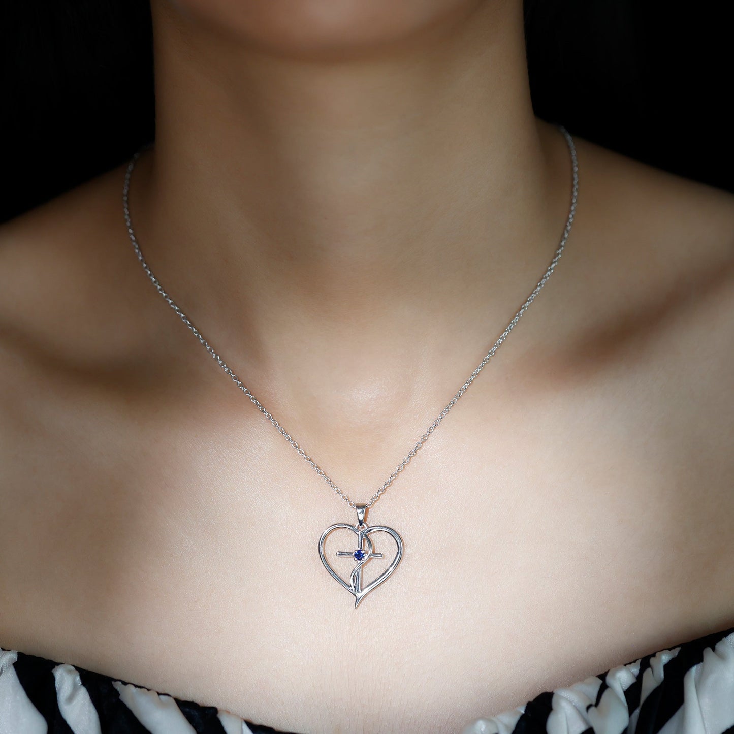 Natural Blue Sapphire Heart Cross Necklace in 14k Gold Plated Silver