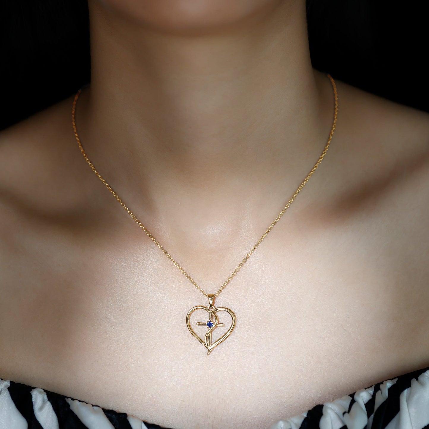 Natural Blue Sapphire Cross Heart Necklace for Women