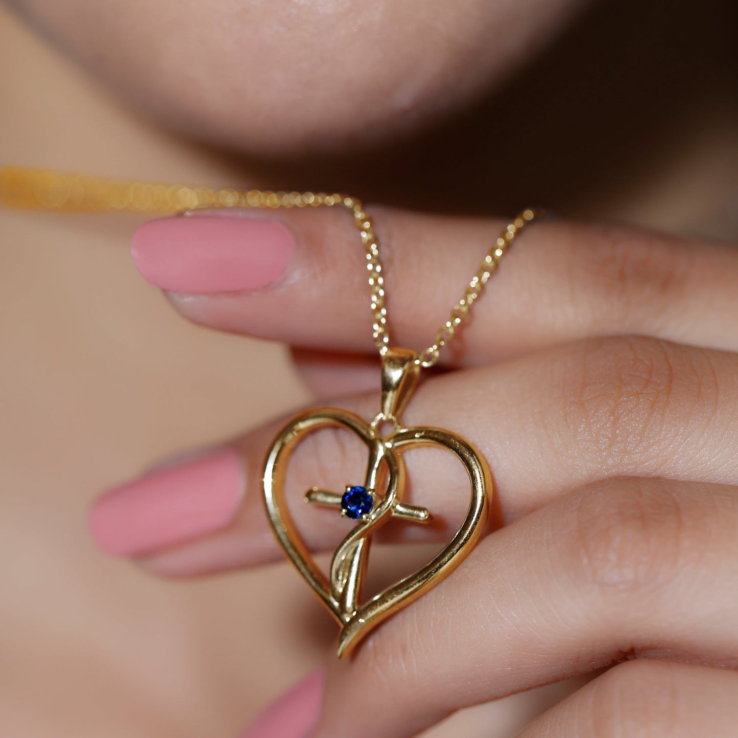 Natural Blue Sapphire Cross Heart Necklace for Women