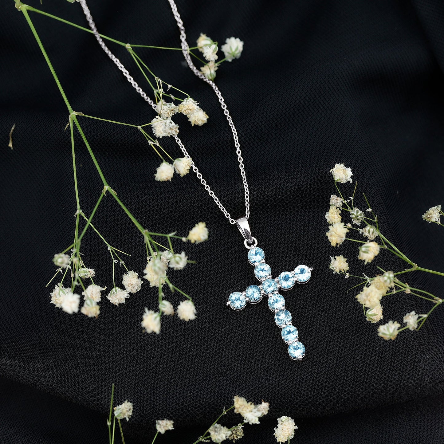 Womens Aquamarine Cross Pendant Necklace with Chain