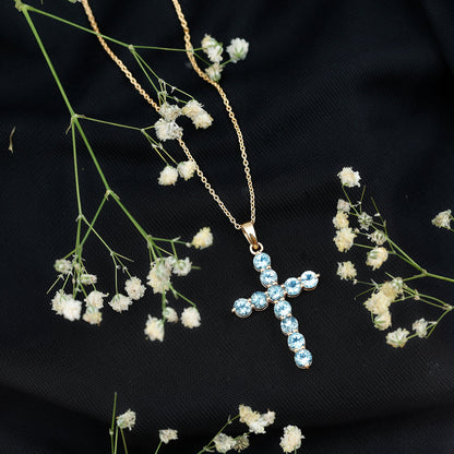 Womens Aquamarine Cross Pendant Necklace with Chain