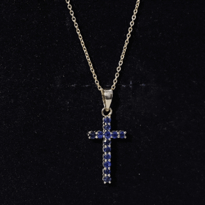 Genuine Blue Sapphire Cross Pendant Necklace with Chain