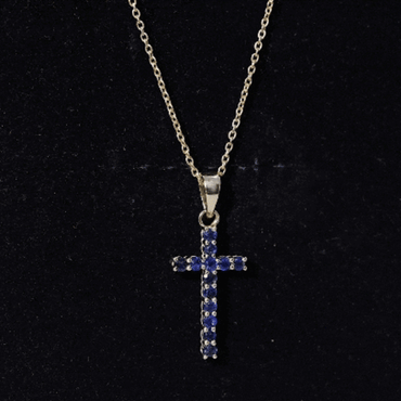 Genuine Blue Sapphire Cross Pendant Necklace with Chain