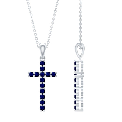 Genuine Blue Sapphire Cross Pendant Necklace with Chain