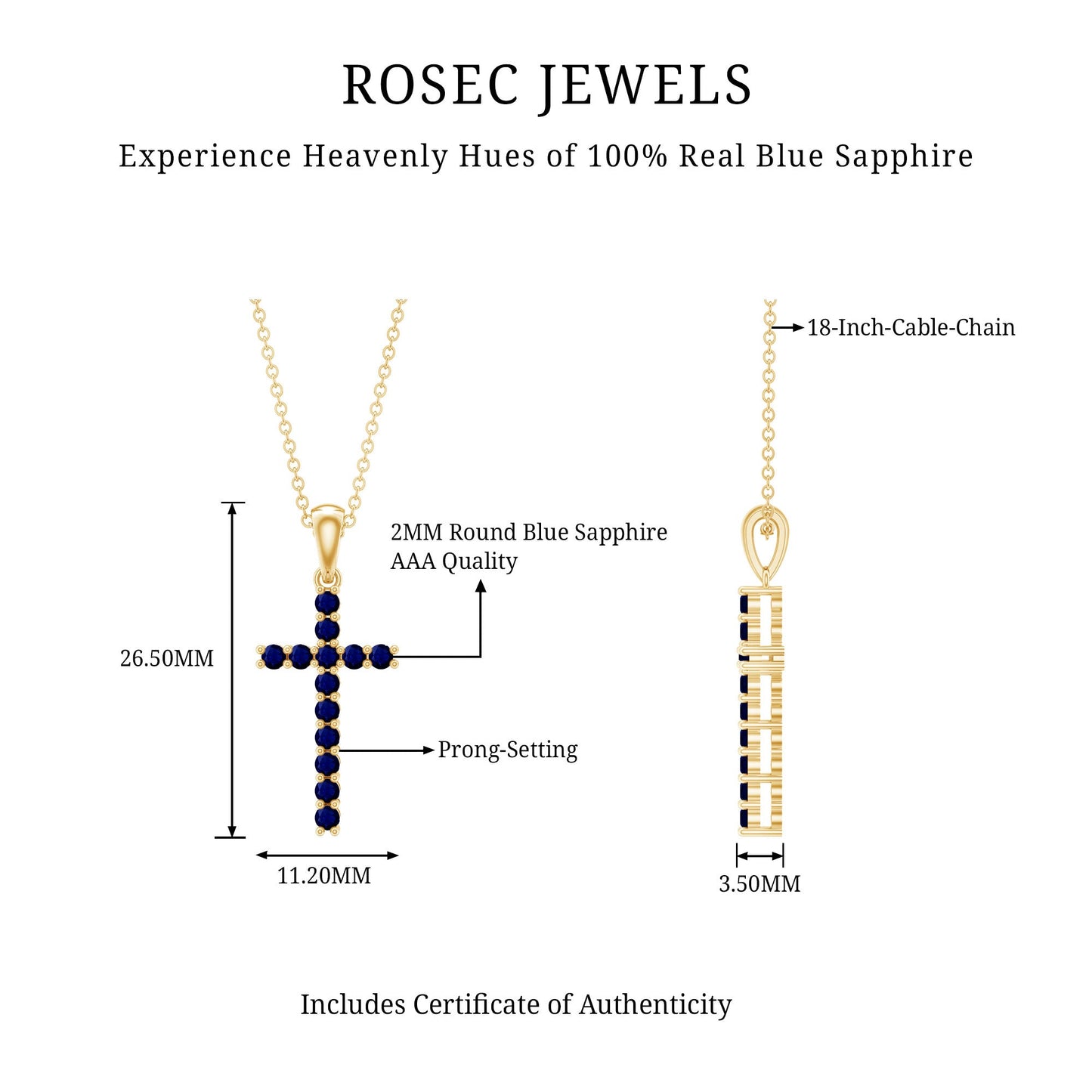 Genuine Blue Sapphire Cross Pendant Necklace with Chain