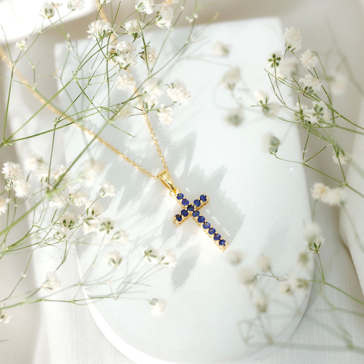 Genuine Blue Sapphire Cross Pendant Necklace with Chain