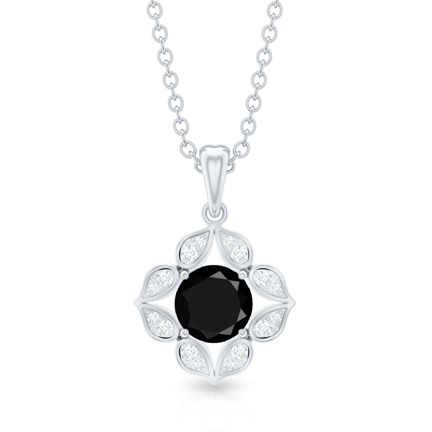 Natural Black Spinel Flower Pendant Necklace with Diamond for Women