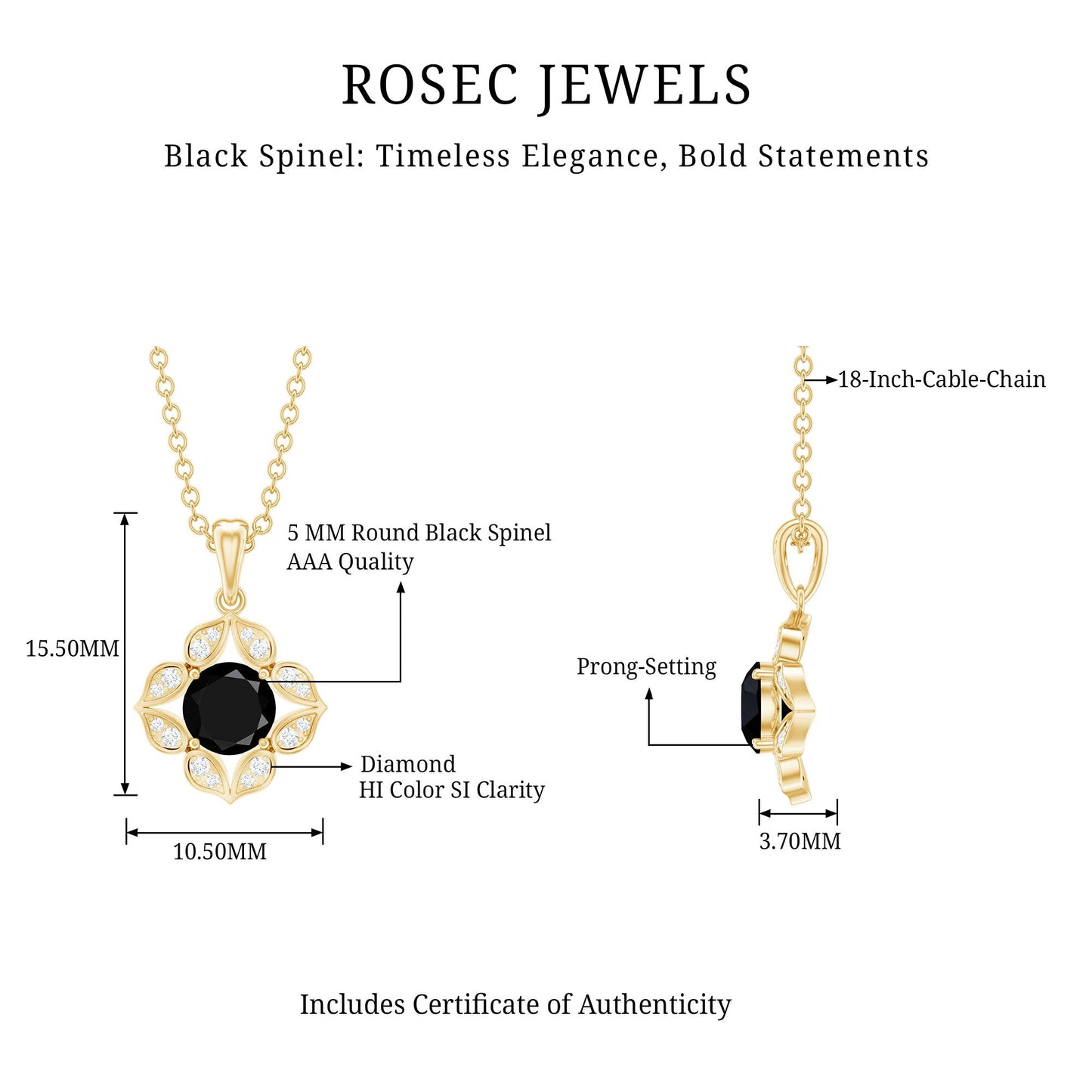 Natural Black Spinel Flower Pendant Necklace with Diamond for Women