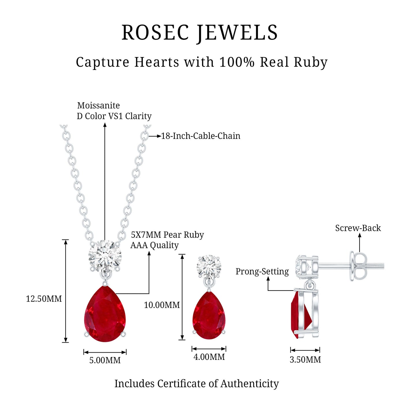 Pear Shaped Ruby and Diamond Bridal Jewelry Set with Certificate