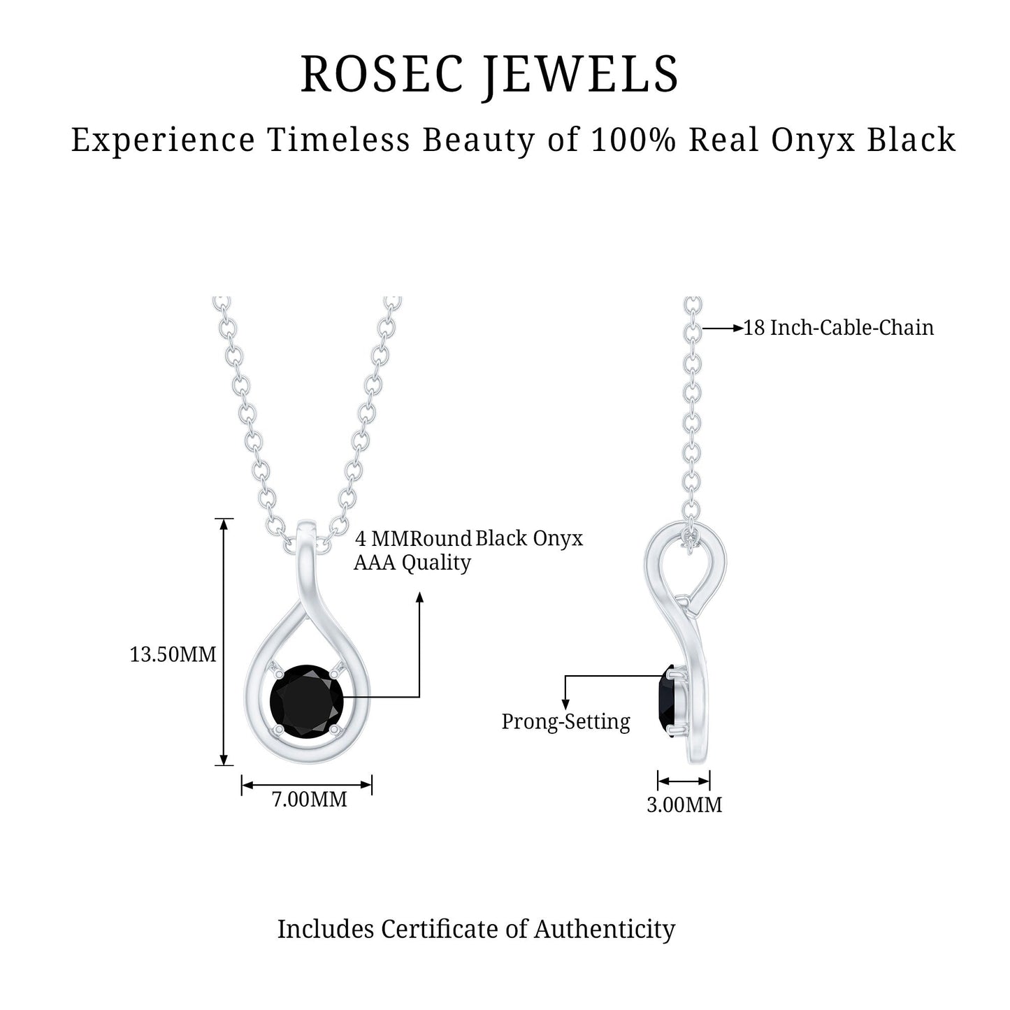 Certified 0.22 Carat Solitaire Black Onyx Teardrop Pendant With Chain