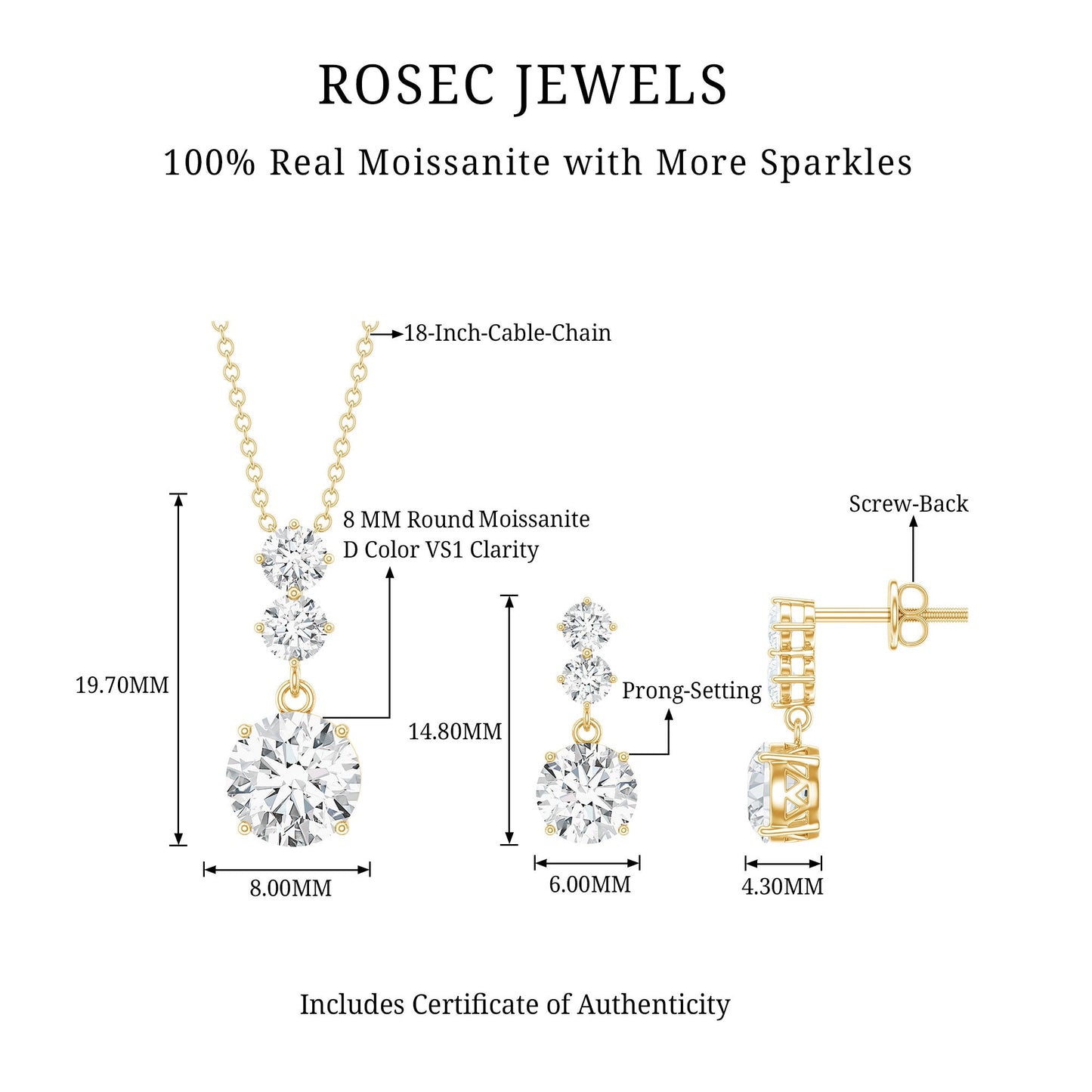 Moissanite 3 Stone Dangle Necklace and Earrings Set