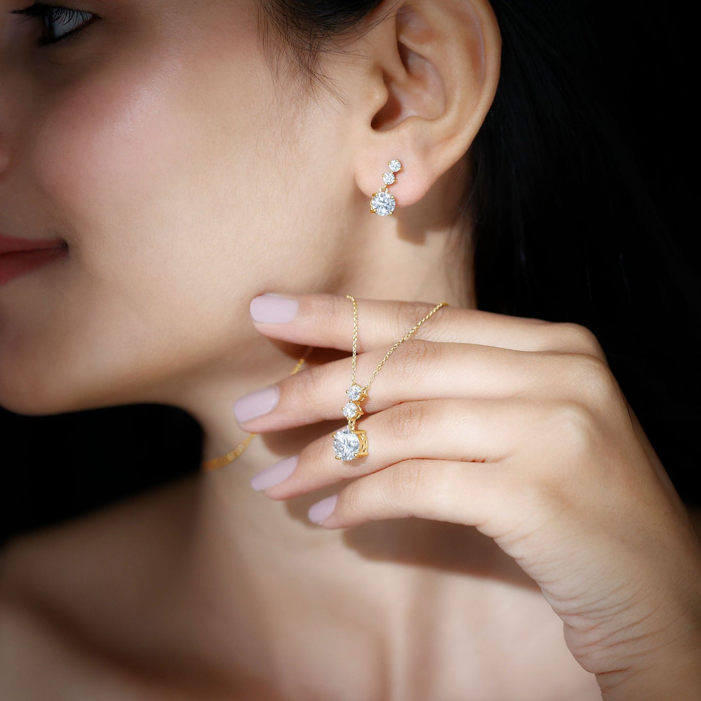 Moissanite 3 Stone Dangle Necklace and Earrings Set