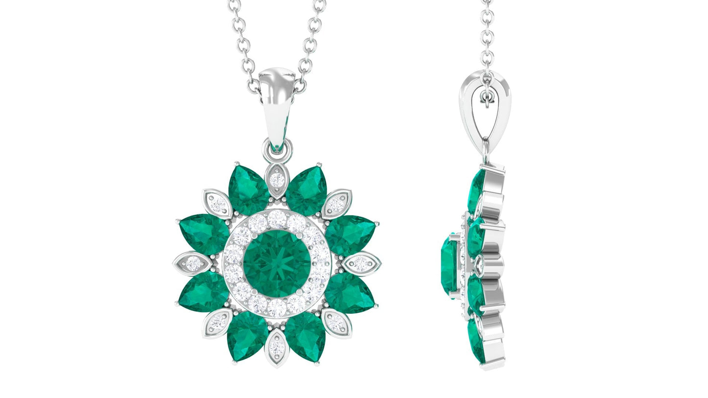 Real Emerald Statement Flower Pendant Necklace with Diamond