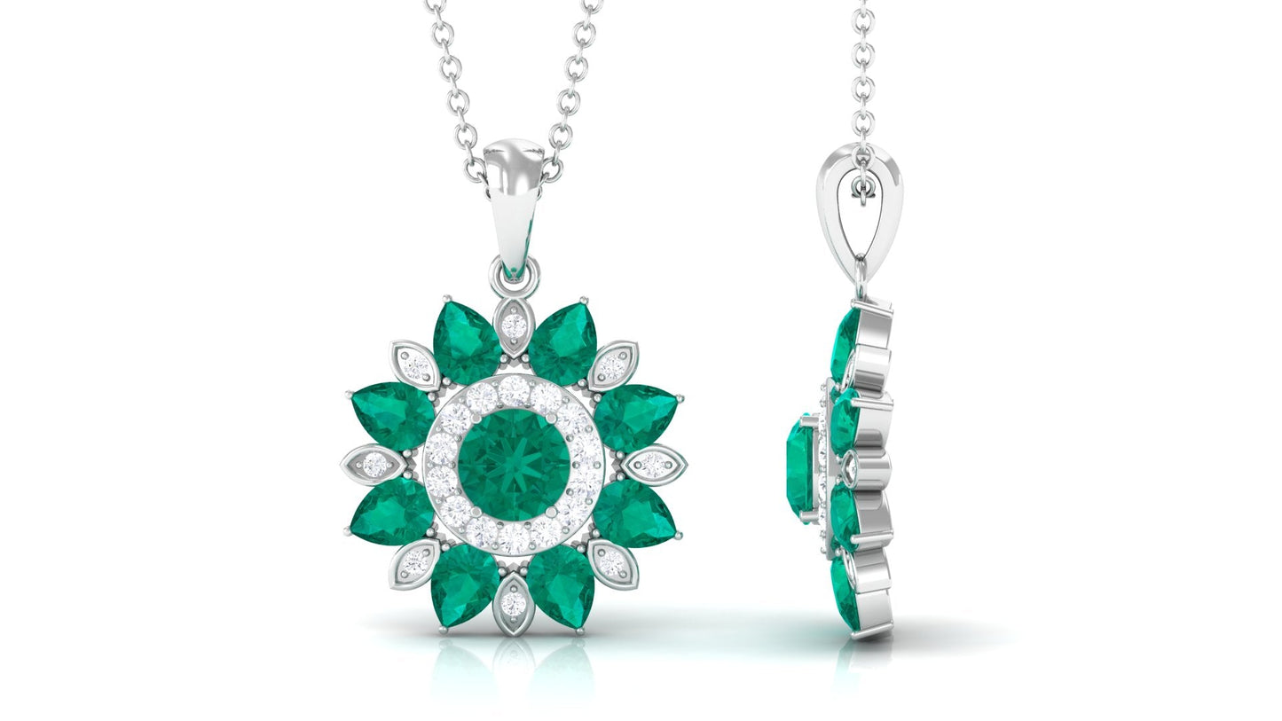 Real Emerald Statement Flower Pendant Necklace with Diamond