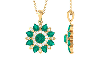 Real Emerald Statement Flower Pendant Necklace with Diamond