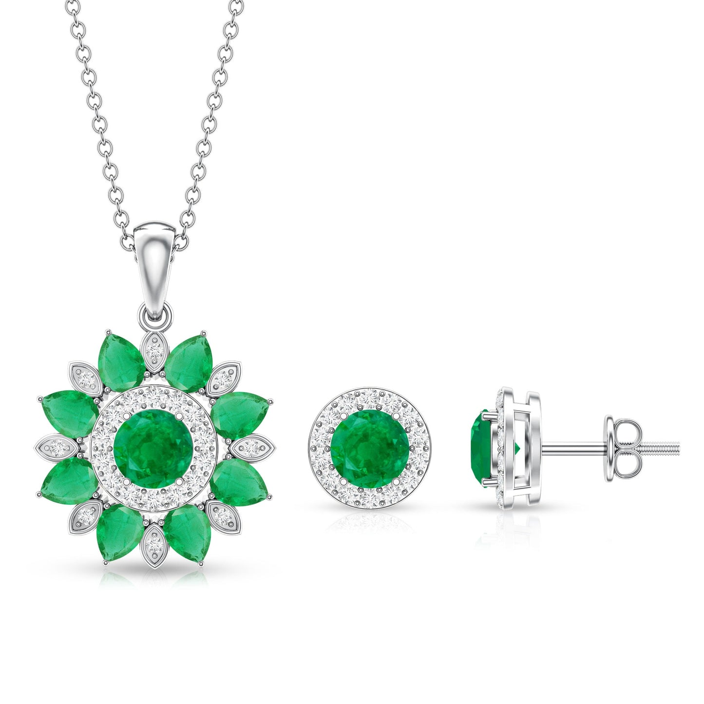 Certified Emerald and Moissanite Flower Jewelry Set