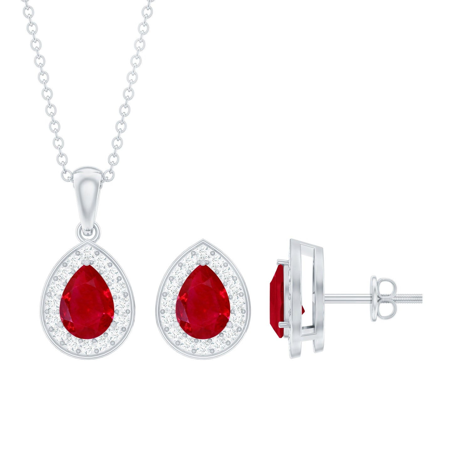 Genuine Pear Cut Ruby and Moissanite Halo Pendant and Earrings Set