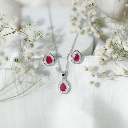 Genuine Pear Cut Ruby and Moissanite Halo Pendant and Earrings Set