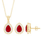 Genuine Pear Cut Ruby and Moissanite Halo Pendant and Earrings Set