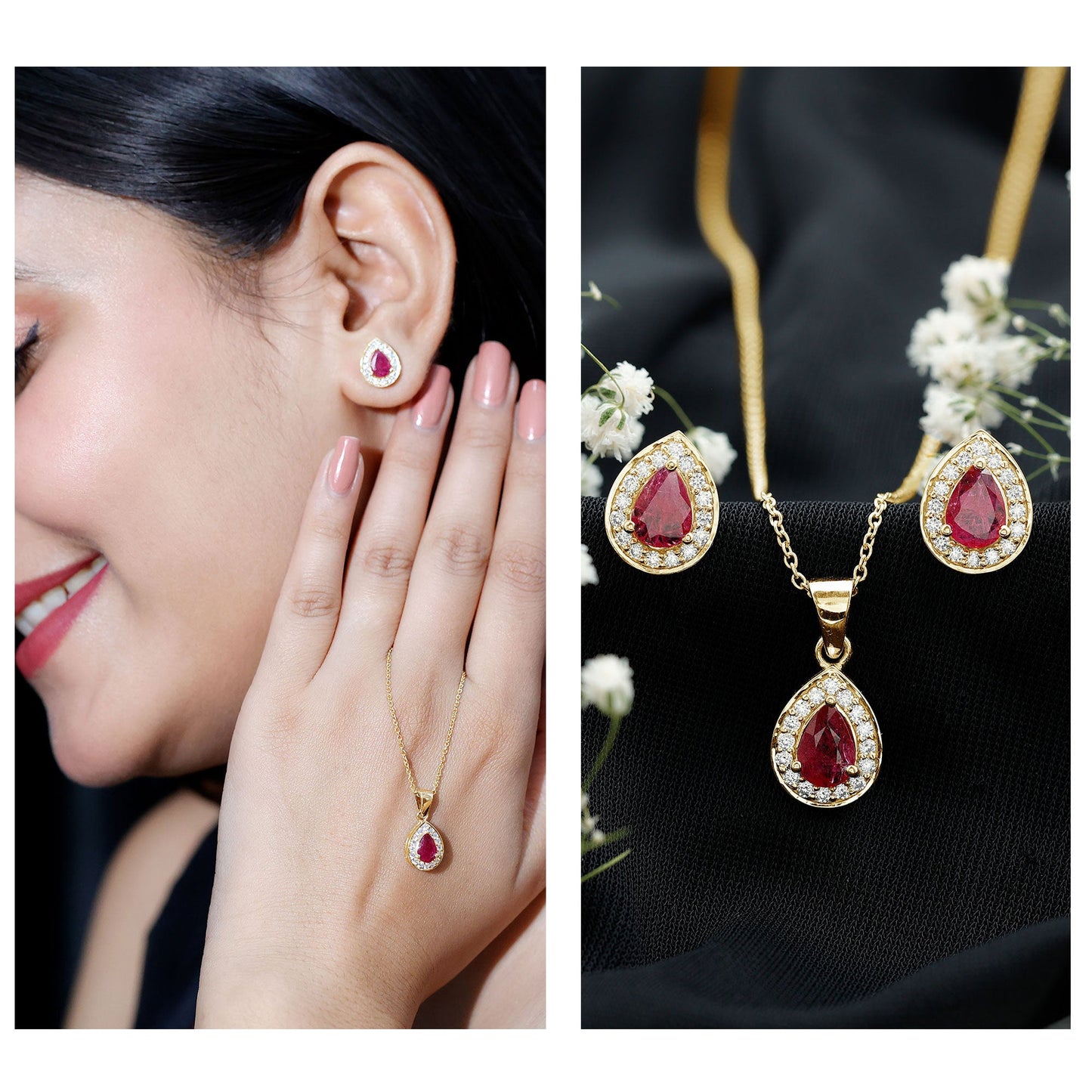 Genuine Pear Cut Ruby and Moissanite Halo Pendant and Earrings Set