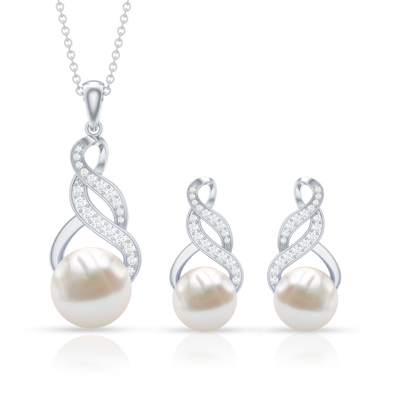 Round Freshwater Pearl and Diamond Bridal Drop Jewelry Set