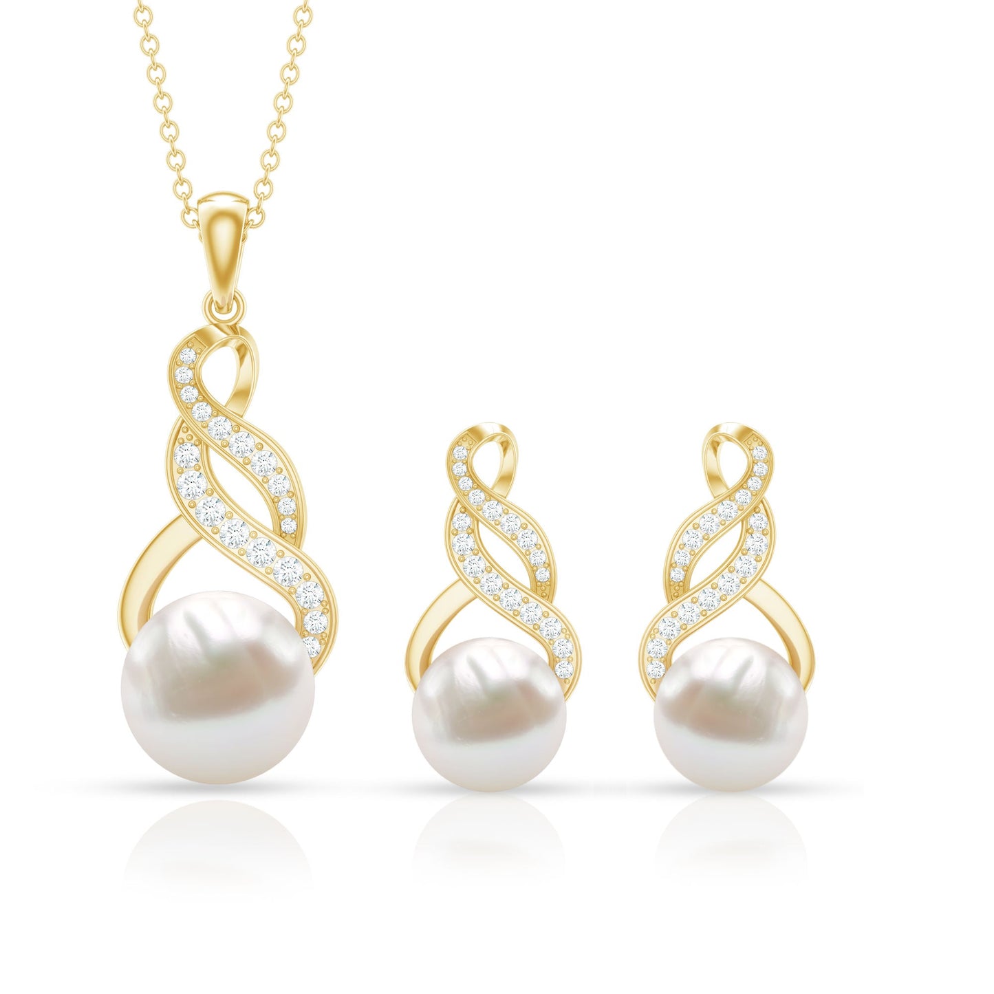 Round Freshwater Pearl and Diamond Bridal Drop Jewelry Set