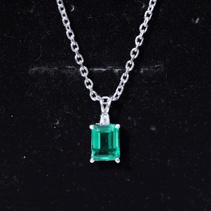 1.6 Carat Emerald Cut Lab Created Emerald Solitaire Necklace with Diamond