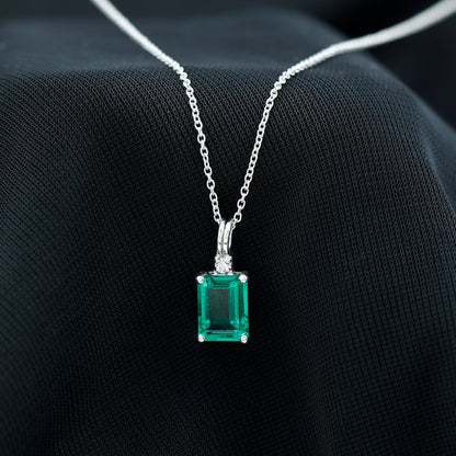 1.6 Carat Emerald Cut Lab Created Emerald Solitaire Necklace with Diamond