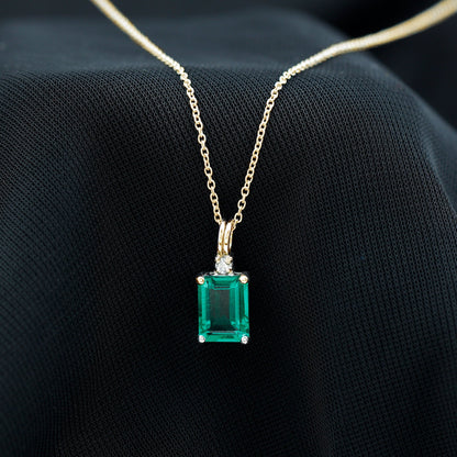 1.6 Carat Emerald Cut Lab Created Emerald Solitaire Necklace with Diamond