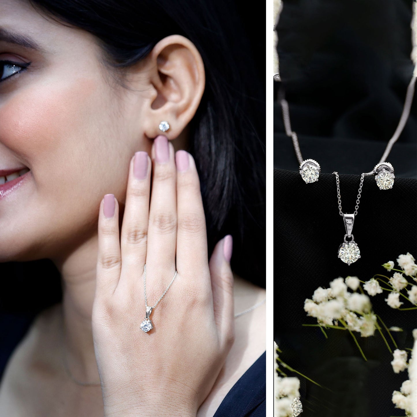 Certified Round Shape Moissanite Solitaire Jewelry Set