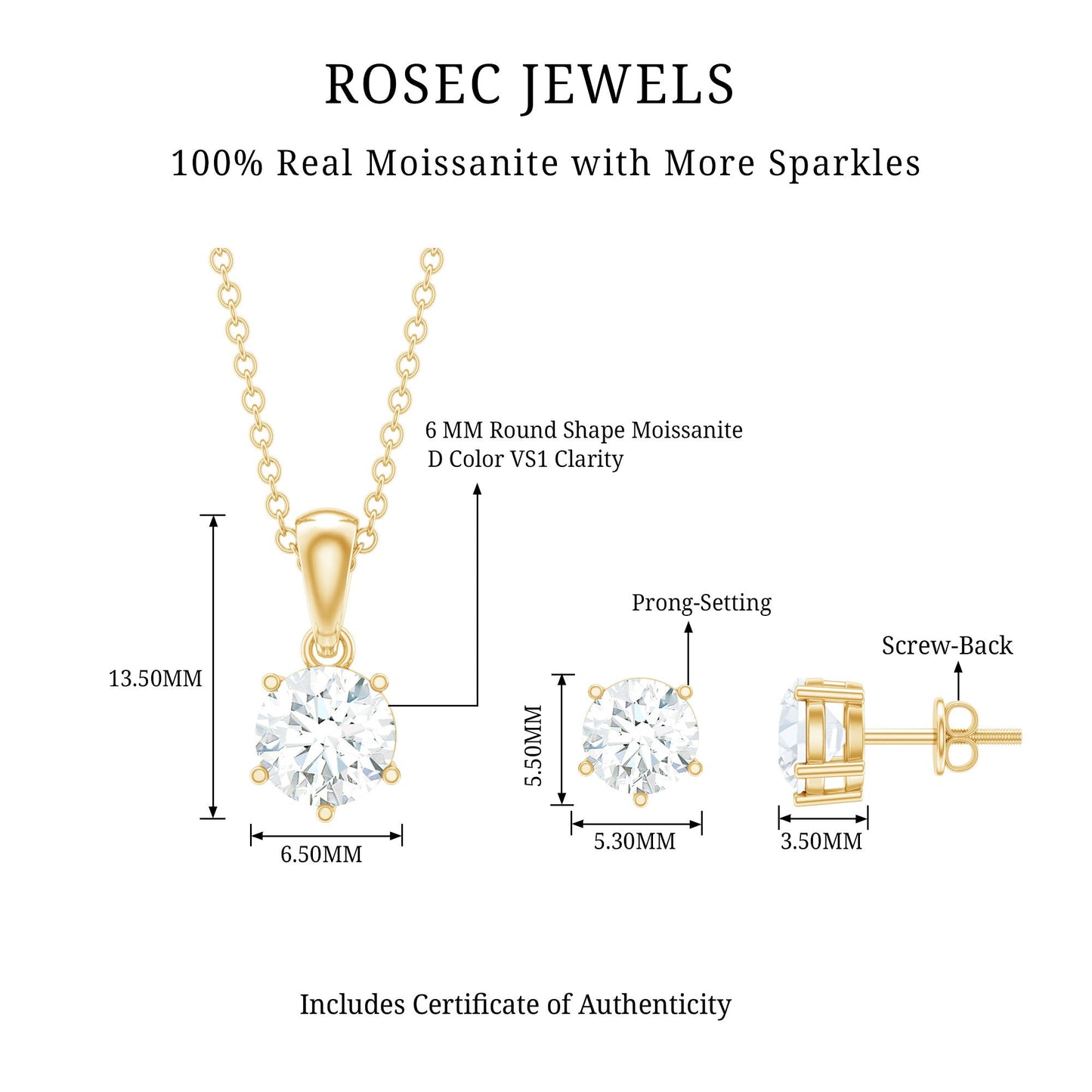 Certified Round Shape Moissanite Solitaire Jewelry Set
