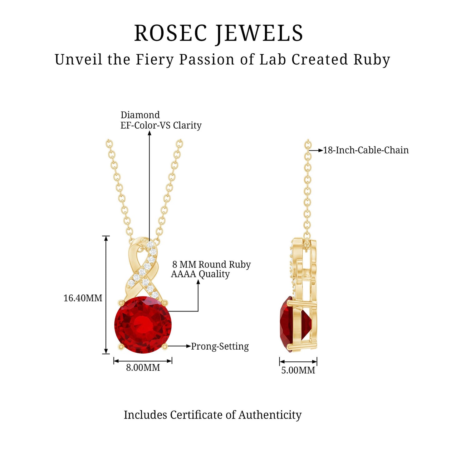 Lab Grown Ruby Solitaire Infinity Pendant Necklace with Diamond