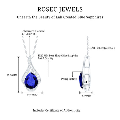 Classic Lab Grown Blue Sapphire Pendant Necklace With Diamond
